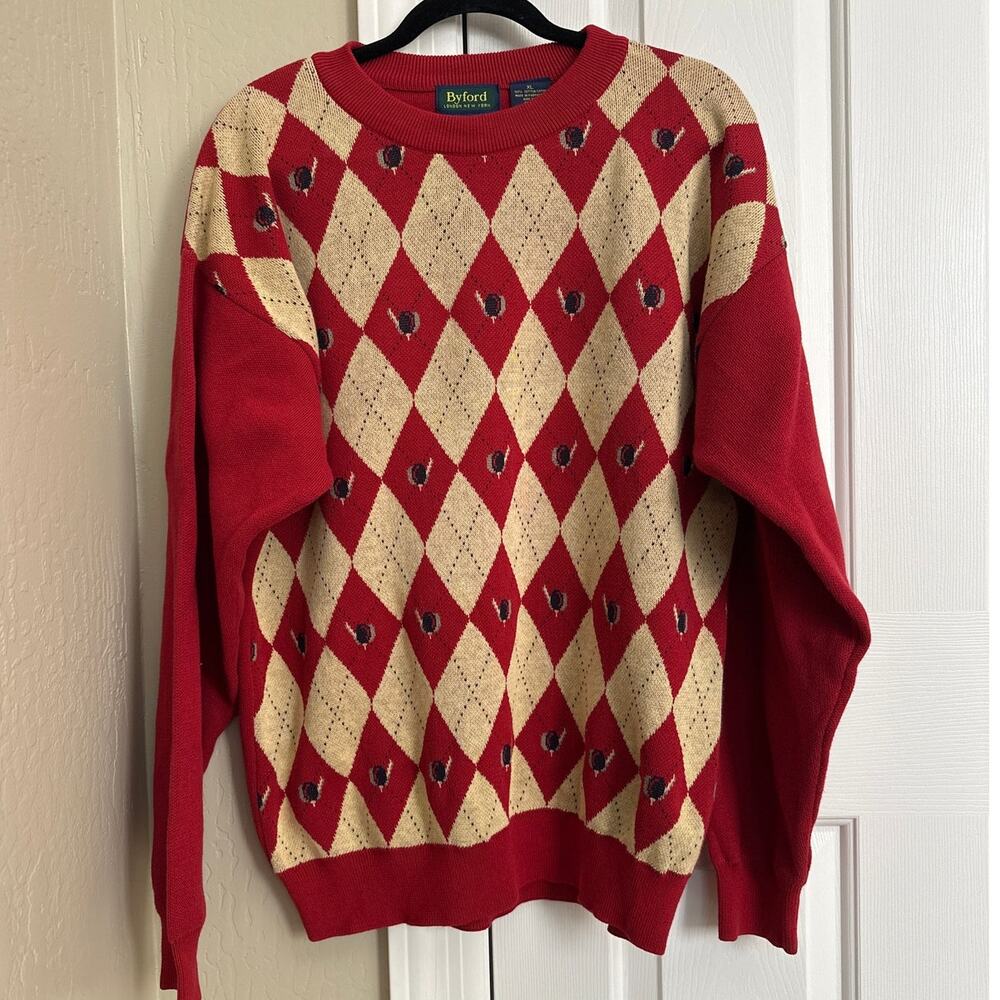 Vintage Byford London New York Argyle Golf Sweater - Red/Tan - 100% Cotton‎ - XL